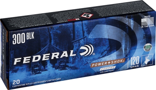 Picture of Federal PowerShok, 300 Blackout, Lead Free, 120 Grain, Copper Soft Point, 20 Round Box, California Certified Nonlead Ammunition 300BLK120LFA