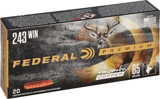 Picture of Federal Premium, 243 Win, 85 Grain, Trophy Copper, Lead Free, 20, Round Box, California Certified Nonlead Ammunition P243TC1