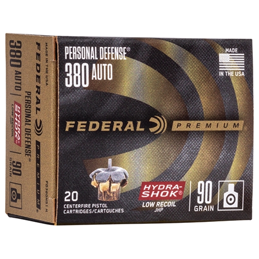 Picture of Federal PD380HS1H Premium Personal Defense Low Recoil 380ACP 90gr Hydra-Shok Jacketed Hollow Point 20 Per Box/10 Case PD380HS1H PD380HS1 H