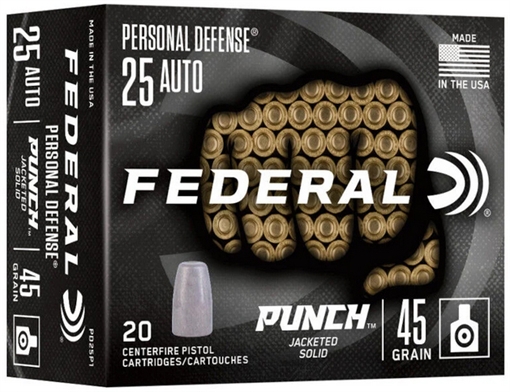 Picture of Federal Personal Defense Punch, 25 Auto, 45 Grain, Jacketed Solid Point, 20 Round Box PD25P1