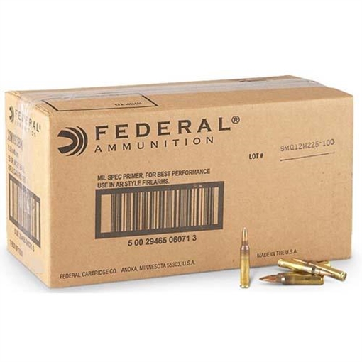 Picture of Federal XM193 Rifle Ammunition 5.56mm 55 gr FMJ 3165 fps 500/ct Case (25-20/ct Boxes) XM193FC