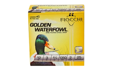 Picture of FIOCCHI GOLDEN WFOWL ZINC PLATED STL AMO 12GA 3 IN 1 1/4 OZ #2 1350FPS 25-RD ( 10 BOXES PER CASE ) 123SGW2