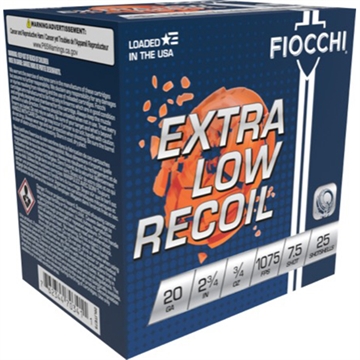 Picture of Fiocchi Exacta Target Low Recoil Trainer 20Gauge 2.75" 3/4oz 7.5Shot 25 Per Box/10 Case 20LITE75