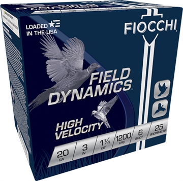 Picture of Fiocchi Field Dynamics High Velocity 20Gauge 3" 1 1/4oz 6Shot 25 Per Box/10 Case 203HV6