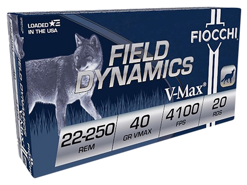 Picture of Fiocchi Ammunition 22-250 Rem 40 Grain V-Max Polymer Tip Boat Tail 20 Round Box FIO-22250HVB