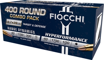 Picture of Fiocchi Target & Defense Handgun Combo Pack Ammunition 5.7x28mm 40gr FMJ 1700fps 300/ct & 40gr THP 1750 fps 100/ct (400/ct Total) 57COMPT