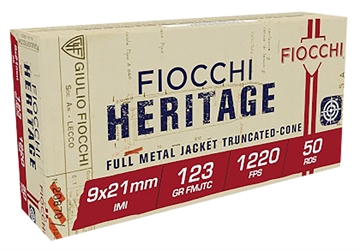 Picture of Fiocchi Heritage mmIMI 123gr Full Metal Jacket Truncated Cone 50 Per Box/20 Case 9X21