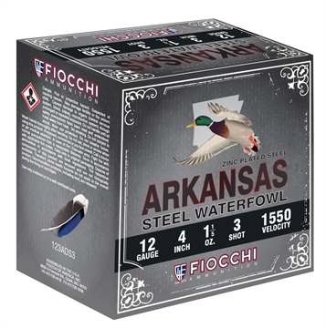 Picture of FIOCCHI ARKANSAS STEEL WATERFOWL AMO 12GA 3 IN 1 1/5 OZ #3 1550FPS 100-RD PACK ( 4 BOXES PER PACK ) 123ADS3 762344866604