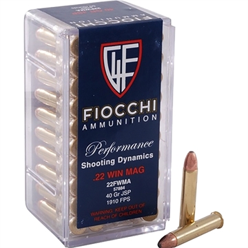Picture of Fiocchi Field Dynamics Performance 22WMR 40gr Jacketed Soft Point 50 Per Box/40 Case 22FWMA