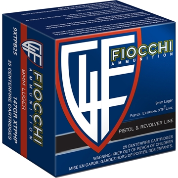 Picture of Fiocchi Ammunition 9mm 147 Grain Hornady XTP Jacketed Hollow Point 25 Round Box FIO-9XTPB25