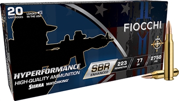 Picture of FIOCCHI HYPERFORMANCE SBR ENHANCED AMO 223 REM 77GR HPBT 20RD BOX ( 10 BOXES PER CASE ) 223SBRO 223SBRD