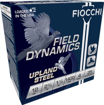 Picture of Fiocchi Field Dynamics Upland Steel 12Gauge 2.75" 1 1/8oz 4Shot 25 Per Box/10 Case 12HVST4
