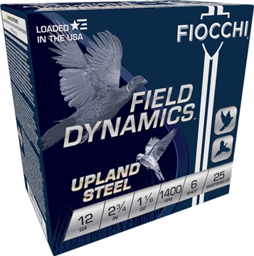 Picture of Fiocchi Field Dynamics Upland Steel 12Gauge 2.75" 1 1/8oz 6Shot 25 Per Box/10 Case 12HVST6