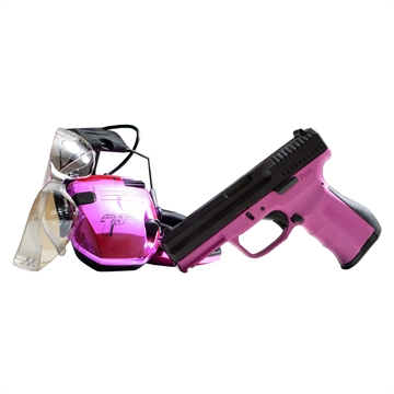 Picture of FMK PACK N HEAT HGA 9MM 4 IN BBL PINK FRAME 14/RD W CHROME EAR/EYE PROTECTION FMKG9C1G2PHPK
