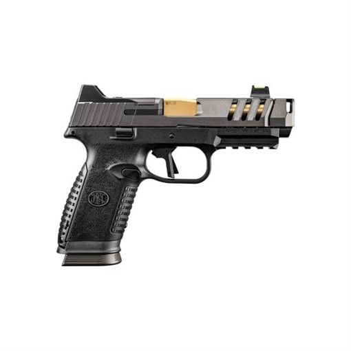 Picture of FN America 509 CC Edge XL, Striker Fired, Semi-automatic, Polymer Framed Pistol, Compact, 9MM, Gold TiN 4.2" Barrel, Quick Detach Compensator, PVD Finish, Graphite Slide, Black Frame, Flat Face Trigger, Flared Magazine Well, Fiber Optic Front Sight, 10 Rounds, 3 Magazines 66-101715 66101715