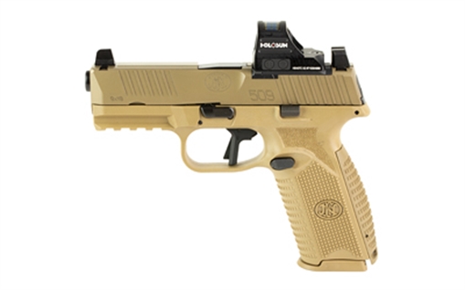 Picture of FN America 509 MRD, Striker Fired, Semi-automatic, Polymer Frame Pistol, Mid-Size, 9MM, 4" Barrel, Matte Finish, Flat Dark Earth, Inlcudes Holosun 407C Red Dot Sight, Non-Manual Safety, Optic Height Sights, 17 Rounds, 2 Magazines 66-101925 66101925