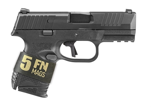 Picture of FN 509C Bundle Compact Frame 9mm Luger 10+1, 3.70" Black Recessed Crown Barrel, Black PVD Serrated Steel Slide & Polymer Frame w/Picatinny Rail, Ambidextrous, 5 Magazines 66101642