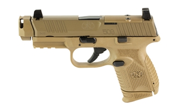 Picture of FN America FN 509 MRD Compensated, Semi-automatic, Striker Fired, Polymer Framed Pistol, Compact, 9MM, 4.2" Barrel, Auto Indexing Compensator, Matte Finish, Flat Dark Earth, Optics Ready Slide, Co-Witness Iron Sights, Non-Manual Safety, 10 Rounds, 2 Magazines 66-101795 66101795