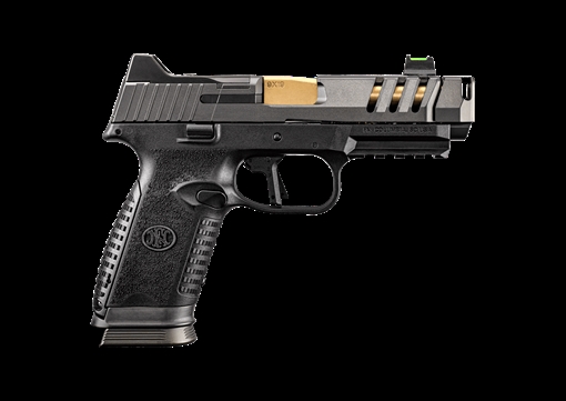 Picture of FN America 509 CC Edge XL, Striker Fired, Semi-automatic, Polymer Framed Pistol, Compact, 9MM, Gold TiN 4.2" Barrel, Quick Detach Compensator, PVD Finish, Graphite Slide, Black Frame, Flat Face Trigger, Flared Magazine Well, Fiber Optic Front Sight, 17 Rounds, 3 Magazines 66-101714 66101714