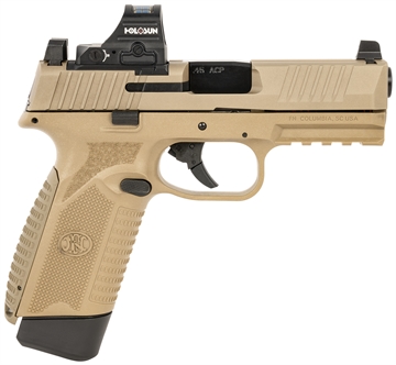 Picture of FN America 545 MRD, Striker Fired, Semi-automatic, Polymer Frame Pistol, Mid-Size, 45 ACP, 4.1" Barrel, Matte Finish, Flat Dark Earth, Inlcudes Holosun 407C Red Dot Sight, Non-Manual Safety, Optic Height Sights, 15 Rounds, 2 Magazines 66-101918 66101918