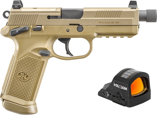 Picture of FN FNX w/Optic 45 ACP 15+1 5.30" Black Steel Threaded Barrel, Flat Dark Earth Optic Ready/Serrated Stainless Steel Slide & Polymer Frame w/Picatinny Rail, Holosun 407C Red Dot, Ambidextrous 66102270