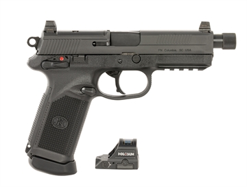 Picture of FN FNX w/Optic 45 ACP 15+1 5.30" Black Steel Threaded Barrel, Optic Ready/Serrated Stainless Steel Slide & Polymer Frame w/Picatinny Rail, Holosun 407C Red Dot, Ambidextrous 66102271
