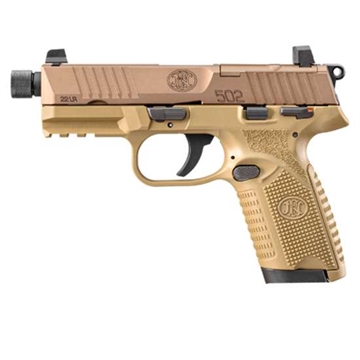 Picture of FN America 502, Tactical, Single Action Only, Semi-automatic, Polymer Frame Pistol, Compact Size, 22 LR, 4.6" Threaded Barrel, 1/2X28 TPI, Flat Dark Earth, Fixed Suppressor Height Sights, Ambidextrous Thumb Safety, No Decocker, 10 Rounds, Optics Ready Slide, 2 Magazines 66-101009 66101009