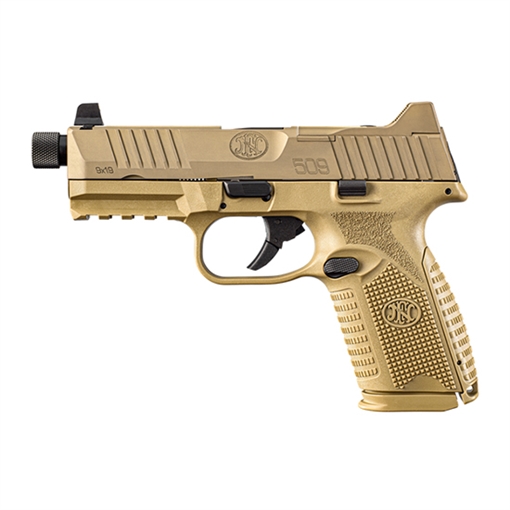 Picture of FN America FN509M Tactical, Striker Fire, Semi-automatic, Polymer Frame Pistol, Mid-Size, 9MM, 4.5" Threaded Barrel, PVD Finish, Flat Dark Earth, Interchangeable Grips, Suppressor Height Night Sights, Non-Manual Safety, 2 Magazines - (1)-15 Round, (1)-24 Round, Optics Ready 66-100745 66100745