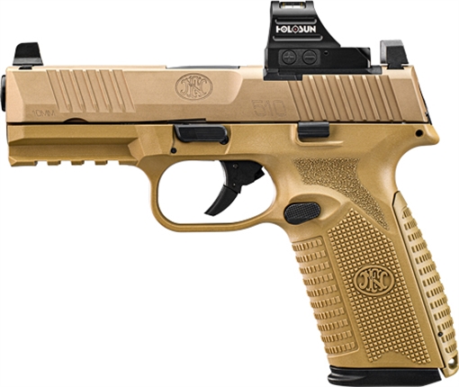 Picture of FN America 510 MRD, Striker Fired, Semi-automatic, Polymer Frame Pistol, Mid-Size, 10MM, 4.1" Barrel, Matte Finish, Flat Dark Earth, Inlcudes Holosun 407C Red Dot Sight, Non-Manual Safety, Optic Height Sights, 15 Rounds, 2 Magazines 66-101910 66101910