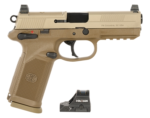 Picture of FN 66102272 FNX w/Optic 45 ACP 10rd 5.30" Black Steel Barrel, Flat Dark Earth Optic Ready/Serrated Stainless Steel Slide & Polymer Frame w/Picatinny Rail, Holosun 407C Red Dot, 5 Mags, Ambidextrous 66102272 66-102272