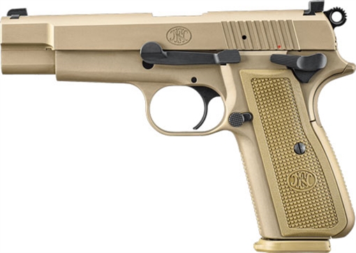 Picture of FN America High Power, Semi-automatic, Single Action Only, Full Size, 9MM, 4.7" Barrel, PVD Finish, Flat Dark Earth, 2 Polymer Grip Pairs, Driftable Dovetail Sights, Ambidextrous Safety, 17 Rounds 2 Magazines, Includes Zippered Ballistic Range Bag 66-101069 66101069