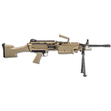 Picture of FN America M249S, Semi-automatic Rifle, Steel Frame, 556NATO, 18.5" Chrome Lined Cold Hammer Forged Barrel, Matte Finish, Para Flat Dark Earth, Ergonomic Polymer Stock, Adjustable Primary Sights, Standard Disintegrating Link Belt-Fed, Includes Integral Steel Bipod 46-100170 46100170