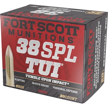 Picture of Fort Scott Munitions Tumble Upon Impact (TUI) 38Special+P 80gr Solid Copper Spun 20 Per Box/25 Case 38SPL080SCV