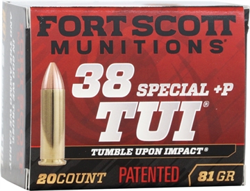 Picture of Fort Scott Munitions Tumble Upon Impact (TUI) 38Special+P 81gr Solid Copper Spun 20 Per Box/25 Case 38+P081SCV