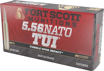 Picture of Fort Scott Munitions Tumble Upon Impact (TUI) 5.56x45mmNATO 62gr Solid Brass Spun 20 Per Box/25 Case 556062SBV1