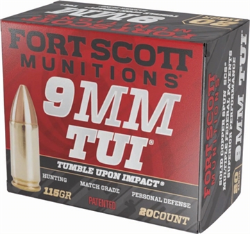 Picture of Fort Scott Munitions Tumble Upon Impact (TUI) 9mmLuger 115gr Solid Copper Spun 20 Per Box/25 Case 9MM115SCV