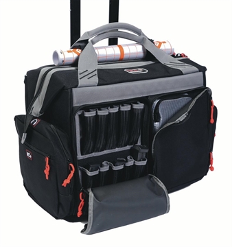 Picture of GPS Rolling Range Bag, Black, Soft Case, Holds up to 1 Medium Frame Pistol and 2 Small Frame Pistols, Oversize ATV Wheels, Additional External Pockets for Magazines, Binoculars, Ear Protection, Stapler, and Targets GPS-2215RB