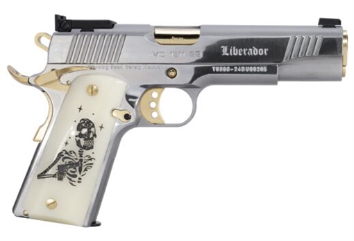 Picture of Girsan MC1911 LIBERADOR III, Semi-automatic, 1911, Metal Frame Pistol, Full Size, 9MM, 5" Barrel, Polished Stainless Steel Finish, Silver with Gold Trim, Custom Engraved Pearl Grips, Adjustable Rear Sights, 10 Rounds, 1 Magazine 391051