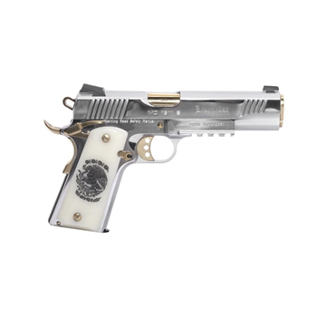 Picture of Girsan MC1911S Liberador, Semi-automatic, 1911, Metal Frame Pistol , Full Size, 38 Super, 5" Barrel, Polished Stainless Finish, Silver, Gold Accents, Engraved White Ivory Grips, Extended Beavertail, Accessory Rail, Tactical Rear Sight, Fixed Front Sight, 10 Rounds, 1 Magazine 391055