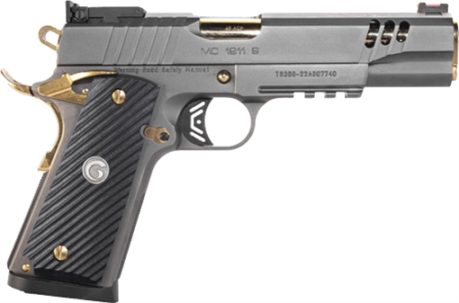 Picture of Girsan MC1911 Negotiator, Semi-automatic, 1911, Metal Frame Pistol, Full Size, 45 ACP, 5" Barrel, Titanium Nitrate Finish, Black with Gold Accents, G10 Grips, Adjustable Sights, Ambidextrous Safety, Extended Beavertail, 8 Rounds, 1 Magazine 390199