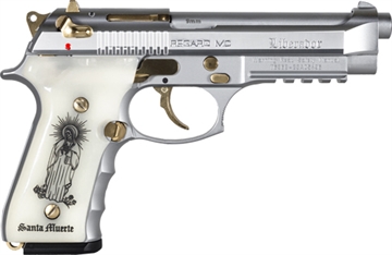 Picture of Girsan REGARD Liberador, Single Action/Double Action, Semi-automatic Pistol, Full Size, 9MM, 4.9" Barrel, Alloy Frame, Polished Steel Finish, White Engraved Ivory Grips, Gold Accents, Ambidextrous Safety, Decocker, Picatinny Rail, Fixed Sights, 18 Rounds, 1 Magazine 391088