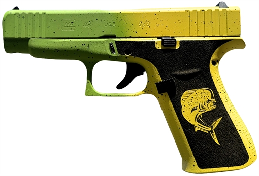 Picture of Glock G43X Sub-Compact Frame 9mm Luger 10+1 3.41" Black GMB Barrel, Mahi Cerakote Serrated Steel Slide, Mahi Polymer Frame w/Beavertail & Front Rail, Black Textured Grip, Ambidextrous PX4350204MAHIWG