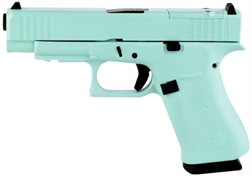 Picture of Glock G43X Sub-Compact Frame 9mm Luger 10+1 3.41" Black GMB Barrel, Robins Egg Blue Cerakote Serrated Steel Slide, Robin Egg Blue Cerakote Polymer Frame w/Beavertail, Ambidextrous UX4350204REB