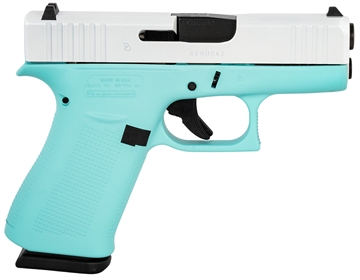 Picture of Glock G43X Sub-Compact Frame 9mm Luger 10+1 3.41" Black GMB Barrel, Pearl White Cerakote Serrated Steel Slide, Robin Egg Blue Cerakote Polymer Frame w/Beavertail, Ambidextrous UX4350204REBFPWS
