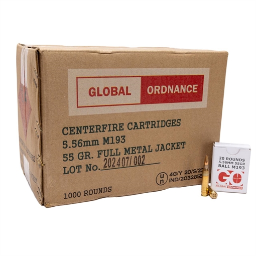 Picture of Global Ordnance M193 Rifle Ammunition 5.56mm 55gr FMJ 3162 fps 1000/ct Case (50-20/ct Boxes) 850003223353