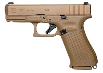 Picture of GLOCK 19X, Striker Fired, Semi-automatic, Polymer Frame Pistol, Compact, 9MM, 4.02" Barrel, Glock Marksman Barrel, nPVD Finish, Coyote, No Finger Grooves, Glock Night Sights, Ambidextrous Slide Stop Lever, 10 Rounds, 3 Magazines, Lanyard Loop, Coyote Color Pistol Case PX1950701