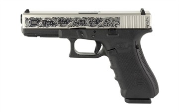 Picture of GLOCK 17 Gen 4, TALO Exclusive, Striker Fired, Semi-automatic, Polymer Frame Pistol, Full Size, 9MM, 4.49" Barrel, Stainless PVD Finish, Black, Interchangeable Backstraps, Fixed Sights, Polished Armory Grade Cut Engraved Scrollwork, 17 Rounds, 3 Magazines 13209