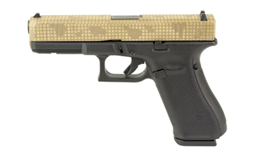 Picture of GLOCK 17 Gen 5, Striker Fired, Semi-automatic, Polymer Frame Pistol, Full Size, 9MM, 4.49" Barrel, Custom Flat Dark Earth Night Grid Cerakote Finish by Skydas, Front Serrations, Fixed Sights, 17 Rounds, 3 Magazines PA175S204N