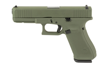 Picture of GLOCK 17, Gen 5, Semi-automatic, Striker Fired, Full Size, 9MM, 4.49", Olive Drab Green, Interchangeable, 17 Rounds, 3 Magazines, Front Serrations, Fixed Sights, Polymer, Skydas Cerakote PA175S204N-OD
