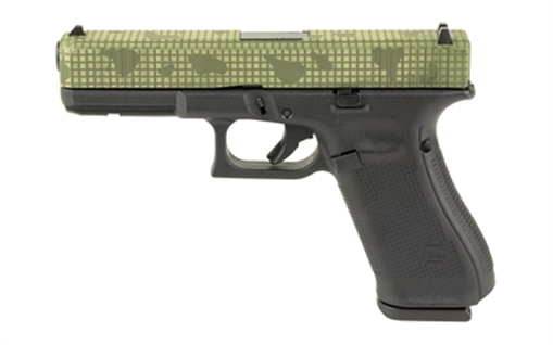 Picture of GLOCK 17 Gen 5, Striker Fired, Semi-automatic, Polymer Frame Pistol, Full Size, 9MM, 4.49" Barrel, Custom OD Green, Night Grid Cerakote Finish by Skydas, Front Serrations, Fixed Sights, 17 Rounds, 3 Magazines PA175S204N